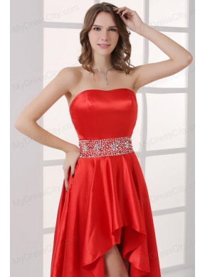 Sweetheart High-low Red Empire Beaded Decorate Waist Prom Dress