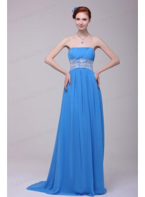 Teal Strapless Empire Chiffon Appliques Prom Dress with Brush Train