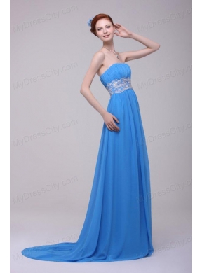 Teal Strapless Empire Chiffon Appliques Prom Dress with Brush Train