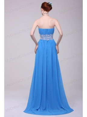 Teal Strapless Empire Chiffon Appliques Prom Dress with Brush Train