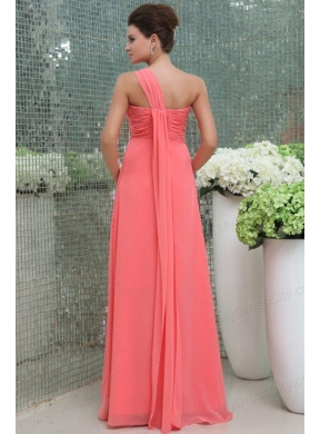 Watermelon Red One Shoulder Ruching Beading Floor-length Prom Dress