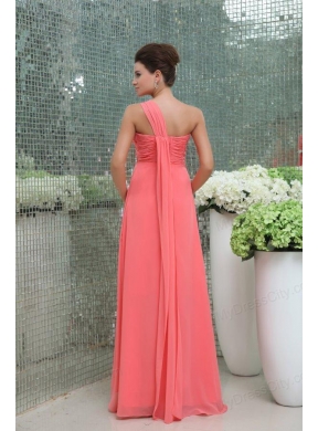 Watermelon Red One Shoulder Ruching Beading Floor-length Prom Dress