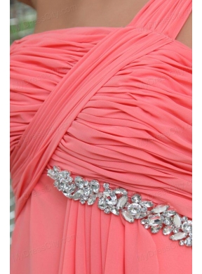 Watermelon Red One Shoulder Ruching Beading Floor-length Prom Dress