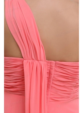 Watermelon Red One Shoulder Ruching Beading Floor-length Prom Dress