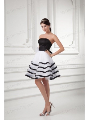 White and Black A-line Strapless Mini-length Organza Prom Dress with Ruffled Layers