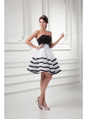 White and Black A-line Strapless Mini-length Organza Prom Dress with Ruffled Layers