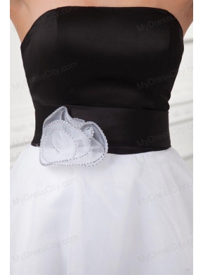 White and Black A-line Strapless Mini-length Organza Prom Dress with Ruffled Layers