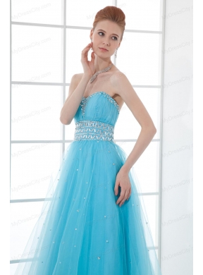 2014 Tulle A-line Sweathert Beading Baby Blue Belt Prom Dress