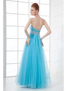 2014 Tulle A-line Sweathert Beading Baby Blue Belt Prom Dress