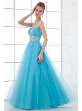 2014 Tulle A-line Sweathert Beading Baby Blue Belt Prom Dress