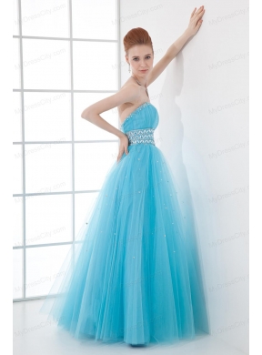 2014 Tulle A-line Sweathert Beading Baby Blue Belt Prom Dress