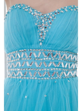 2014 Tulle A-line Sweathert Beading Baby Blue Belt Prom Dress