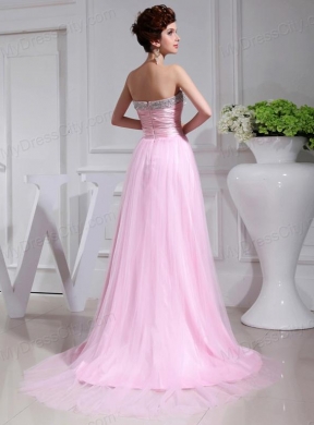 A-line Brush Train Beading Tulle Strapless Baby Pink Prom Dress