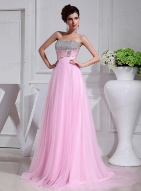 A-line Brush Train Beading Tulle Strapless Baby Pink Prom Dress