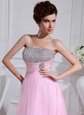 A-line Brush Train Beading Tulle Strapless Baby Pink Prom Dress