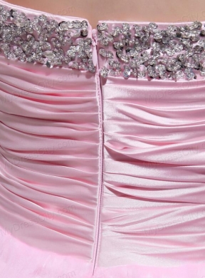 A-line Brush Train Beading Tulle Strapless Baby Pink Prom Dress