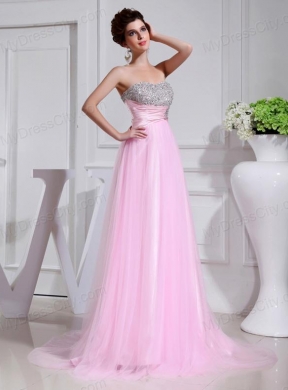 A-line Brush Train Beading Tulle Strapless Baby Pink Prom Dress