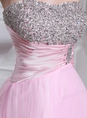 A-line Brush Train Beading Tulle Strapless Baby Pink Prom Dress