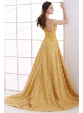 A-line Lace One Shoulder Ruching Court Train Gold Prom Dress