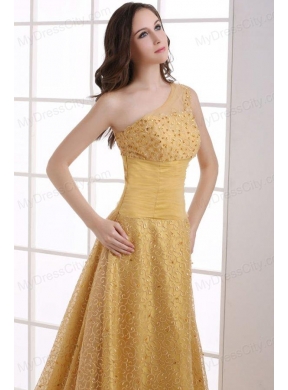 A-line Lace One Shoulder Ruching Court Train Gold Prom Dress