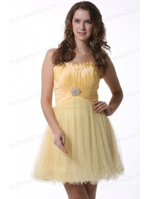 A-line Light Yellow Strapless Prom Dress with Ruching Mini-length