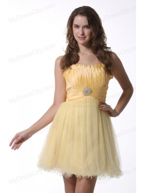 A-line Light Yellow Strapless Prom Dress with Ruching Mini-length