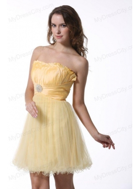 A-line Light Yellow Strapless Prom Dress with Ruching Mini-length