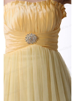 A-line Light Yellow Strapless Prom Dress with Ruching Mini-length