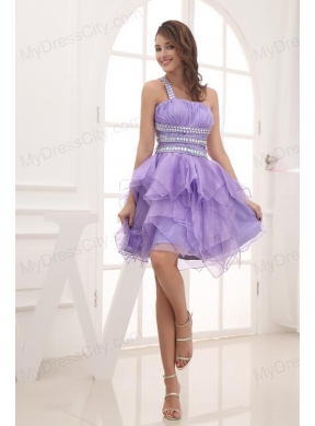 A-line One Shoulder Lavender Beading and Ruching Short Prom Dress