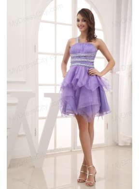 A-line One Shoulder Lavender Beading and Ruching Short Prom Dress