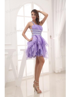 A-line One Shoulder Lavender Beading and Ruching Short Prom Dress