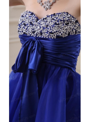 A-line Organza Peacock Blue Prom Dress with Beading Ruchings Sweatheart