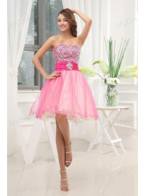 A-line Pink Strapless Beading Tulle Knee-length Prom Dress