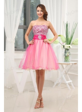 A-line Pink Strapless Beading Tulle Knee-length Prom Dress