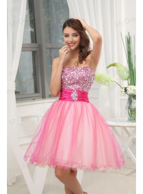 A-line Pink Strapless Beading Tulle Knee-length Prom Dress