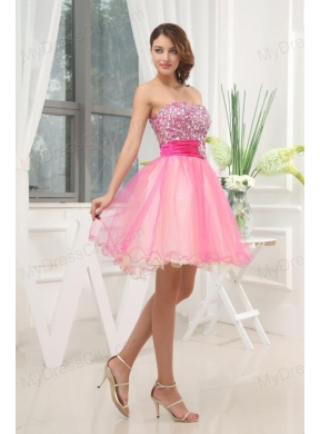 A-line Pink Strapless Beading Tulle Knee-length Prom Dress