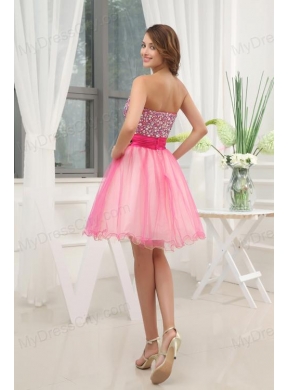 A-line Pink Strapless Beading Tulle Knee-length Prom Dress