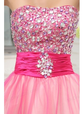 A-line Pink Strapless Beading Tulle Knee-length Prom Dress