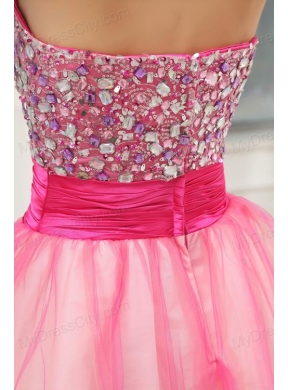 A-line Pink Strapless Beading Tulle Knee-length Prom Dress