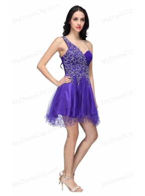 A-line Purple One Shoulder Beading Tulle Prom Dress