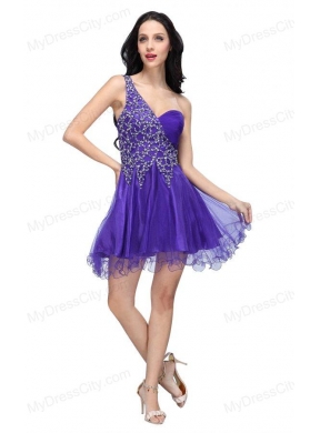 A-line Purple One Shoulder Beading Tulle Prom Dress