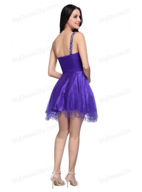 A-line Purple One Shoulder Beading Tulle Prom Dress