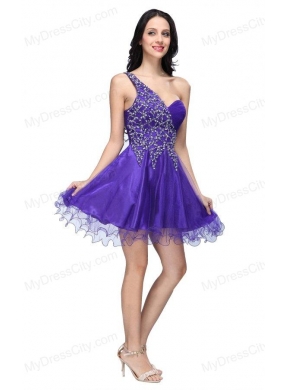 A-line Purple One Shoulder Beading Tulle Prom Dress