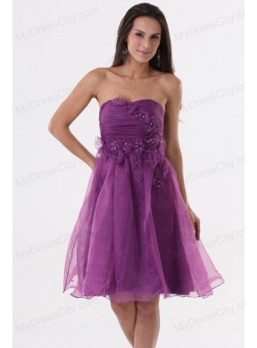 A-line Purple Strapless Appliques Organza Knee-length Prom Dress