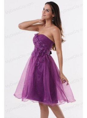 A-line Purple Strapless Appliques Organza Knee-length Prom Dress