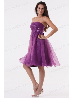 A-line Purple Strapless Appliques Organza Knee-length Prom Dress