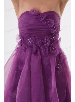 A-line Purple Strapless Appliques Organza Knee-length Prom Dress