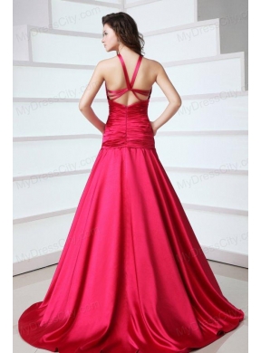 A-line Red Halter Top Neck Beading Prom Dress with Court Train