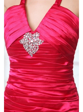 A-line Red Halter Top Neck Beading Prom Dress with Court Train