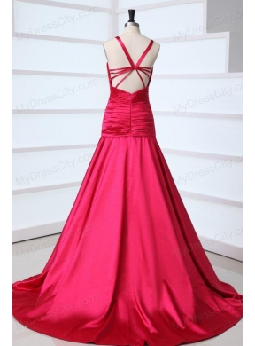 A-line Red Halter Top Neck Beading Prom Dress with Court Train